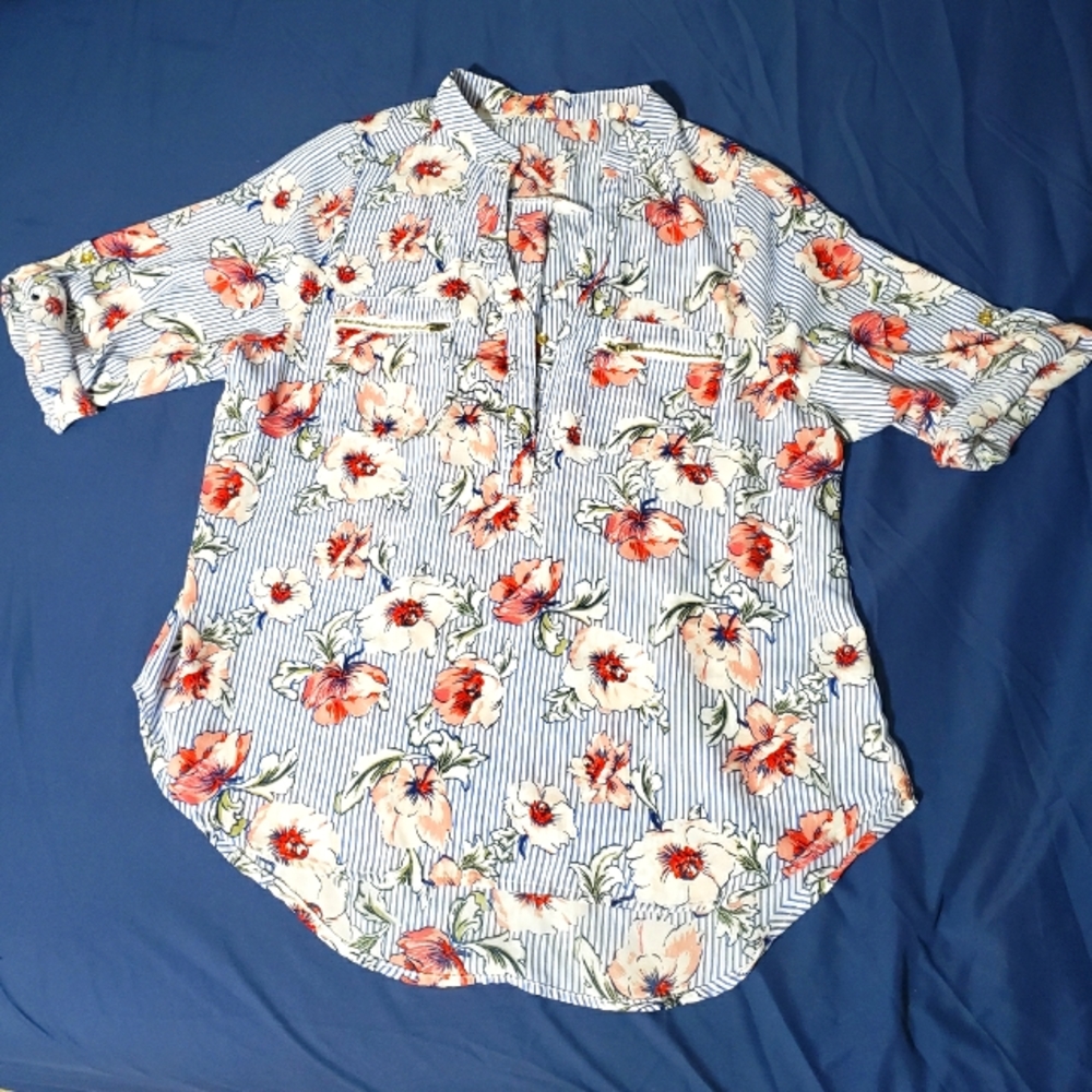 Striped floral blouse with gold accents